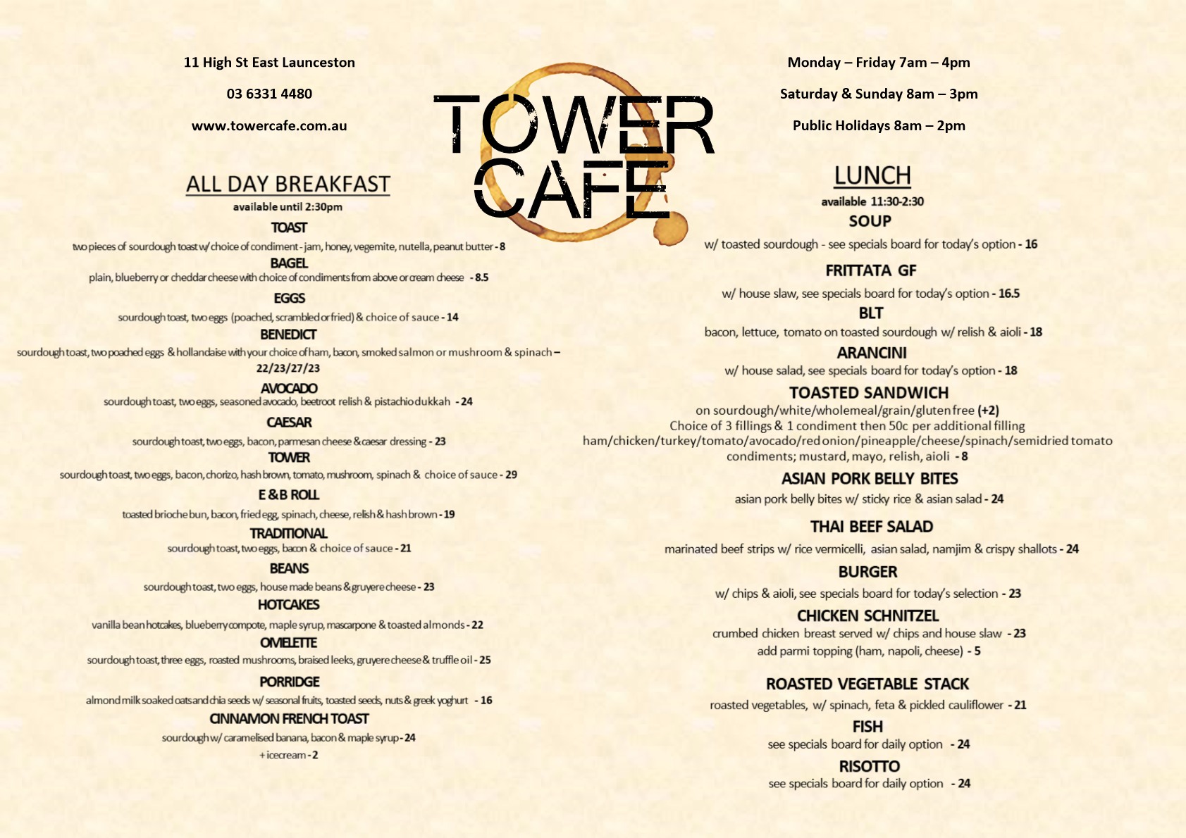 Tower Cafe Menu - High St., Launceston