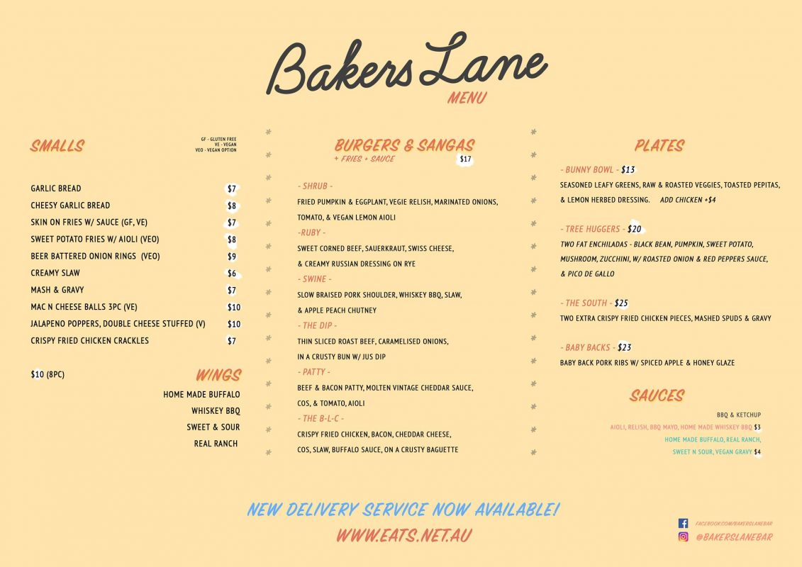 BAKERS LANE BAR & RESTAURANT HEADS UP LAUNCESTON