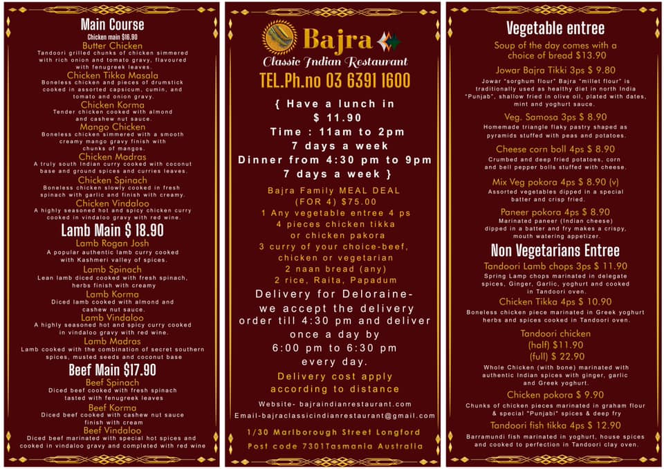 Takeaway Menu from Bajra Indian Restaurant at Longford in Tasmania