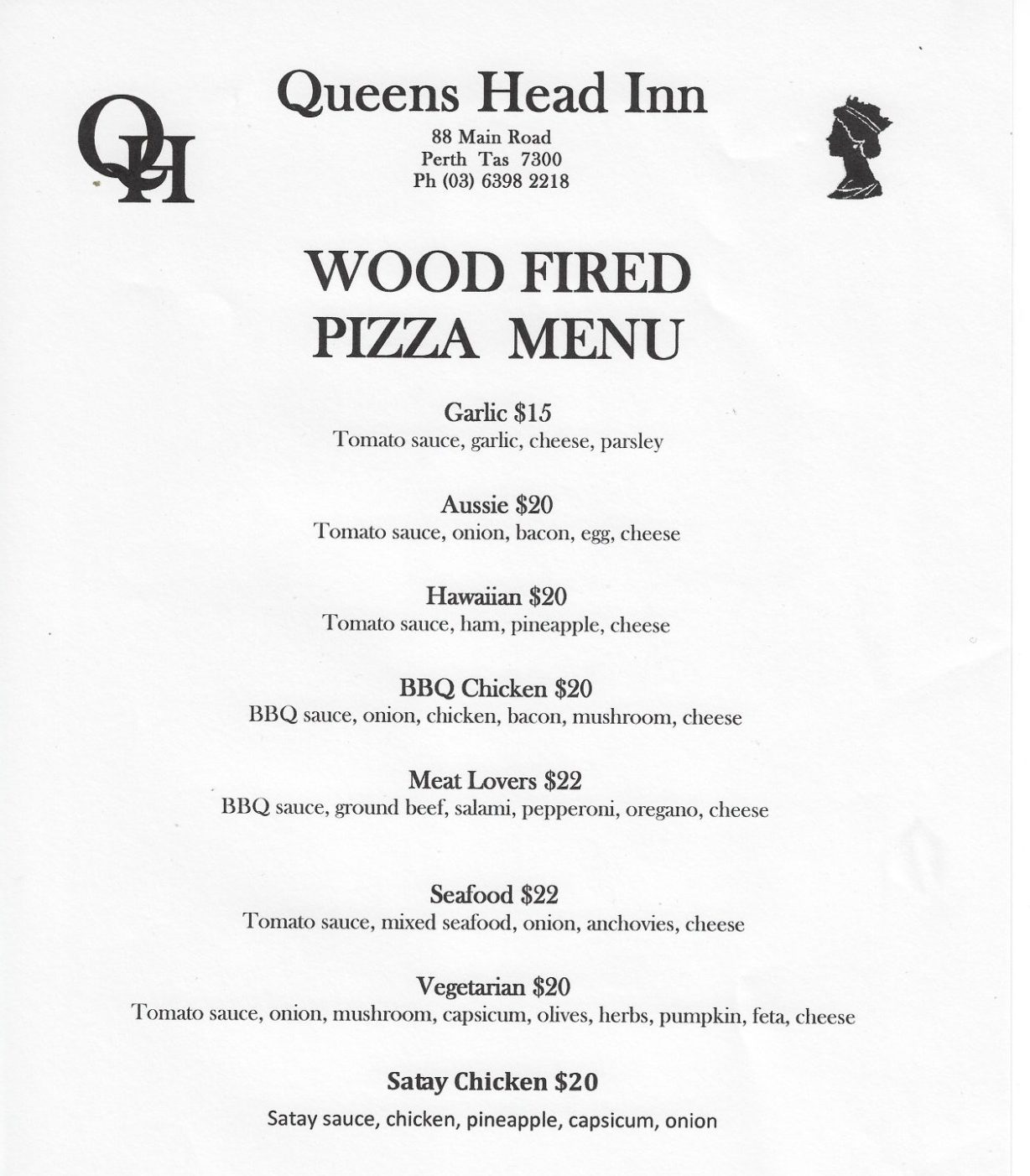 Queens Head Inn Pizza Menu 