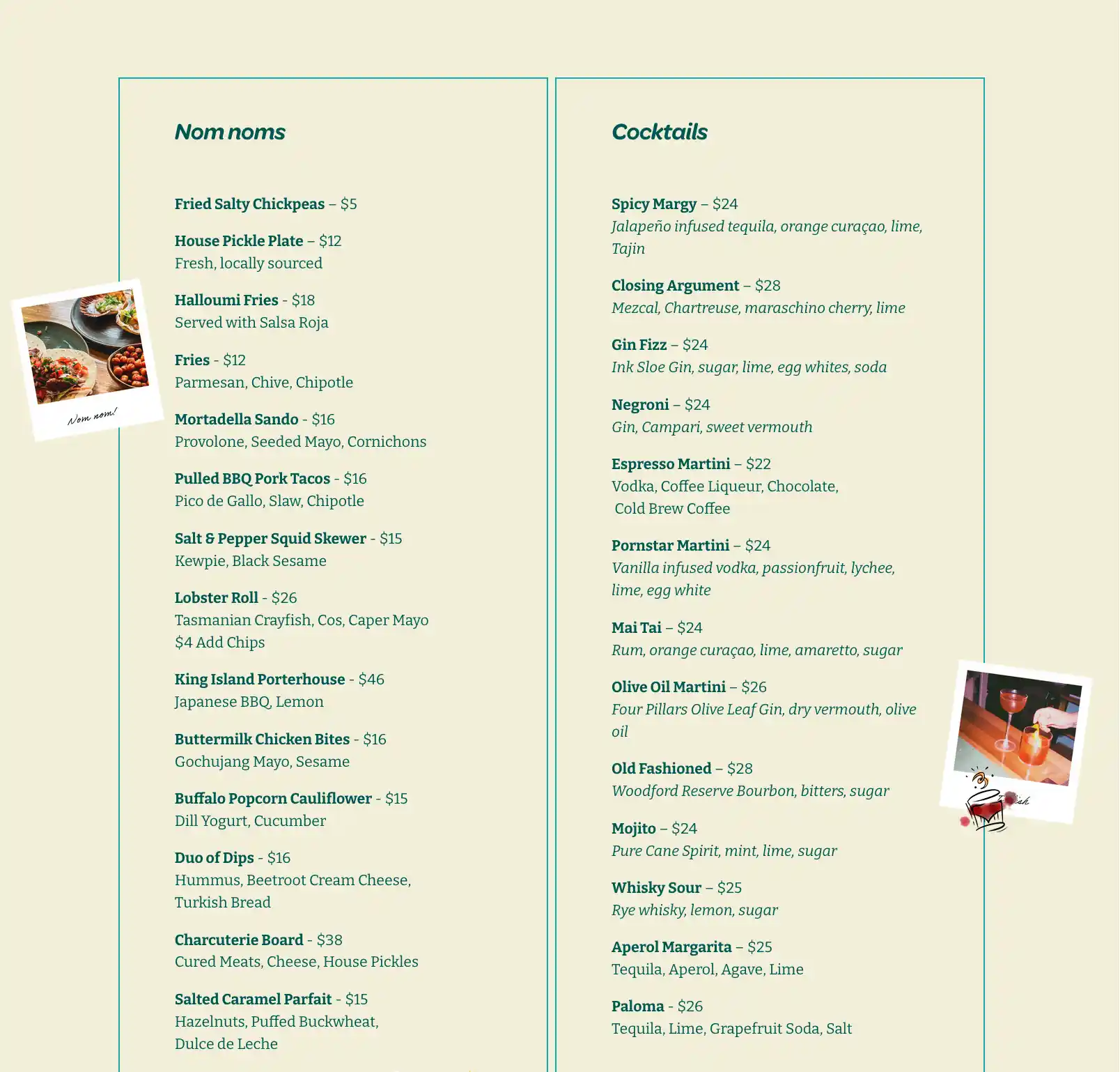 Nomy Bar Launceston Menu